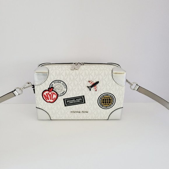 Michael Kors Jeanie Small EW Trunk Crossbody Travel Agency MK Logo Optic White - Picture 1 of 7